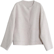 New plus size winter coats beige o neck pockets Woolen Coats - bagstylebliss