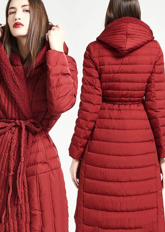 New plus size women parka tie waist Jackets red hooded asymmetric hem duck down coat - bagstylebliss