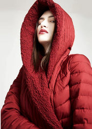 New plus size women parka tie waist Jackets red hooded asymmetric hem duck down coat - bagstylebliss