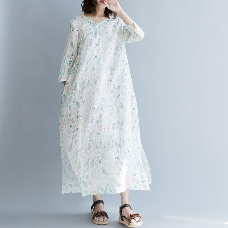 New print linen dresses oversized traveling dress casual Three Quarter sleeve v neck baggy dresses