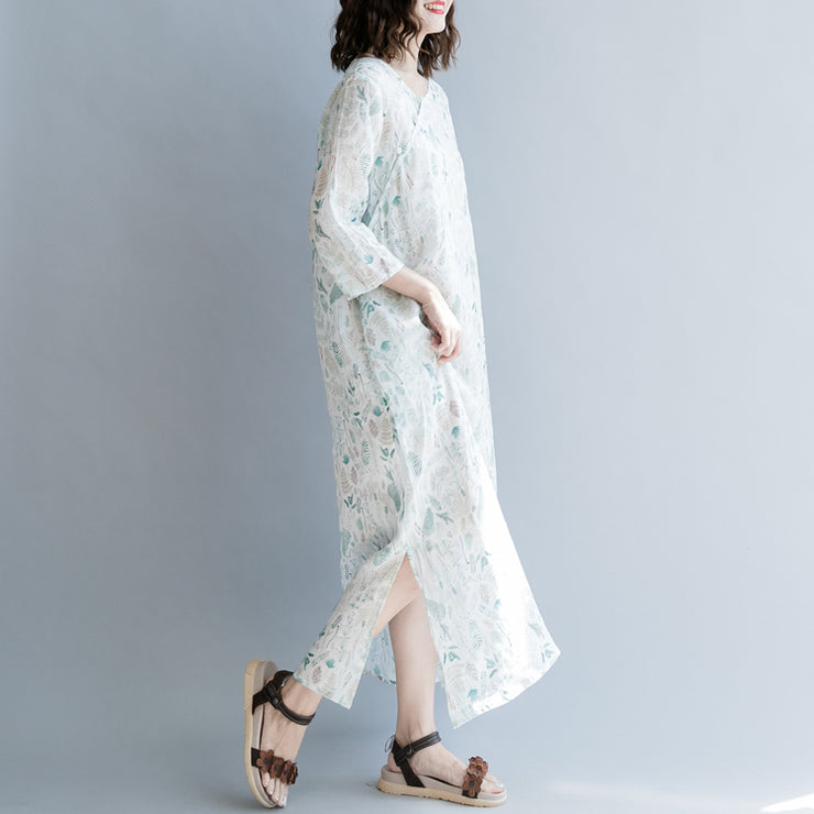 New print linen dresses oversized traveling dress casual Three Quarter sleeve v neck baggy dresses