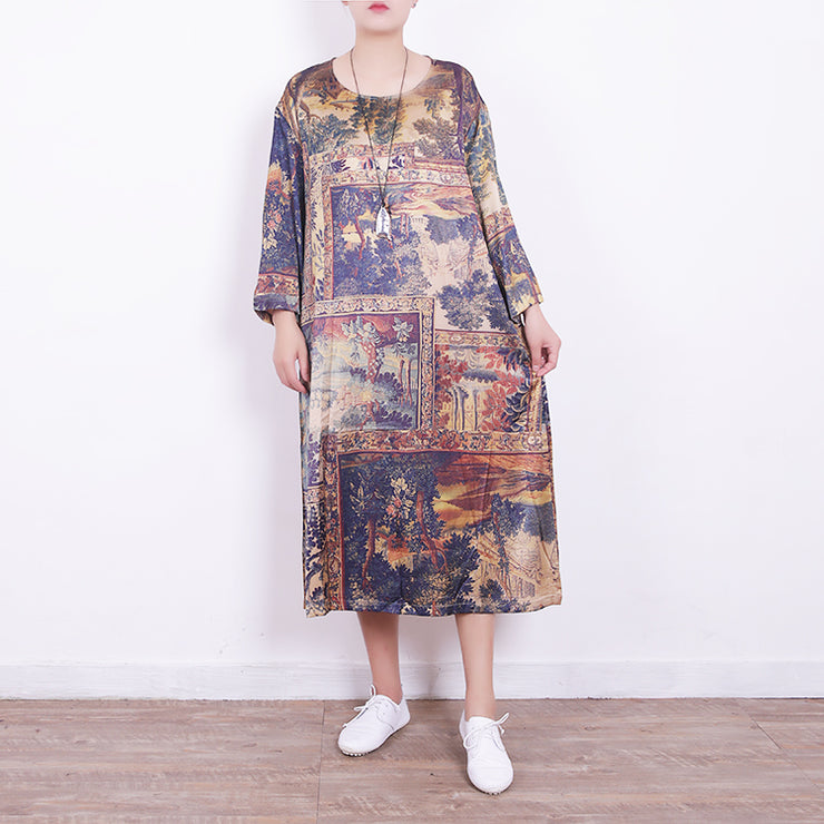 New prints Midi blended dresses plus size traveling dress New bracelet sleeved o neck natural blended dress