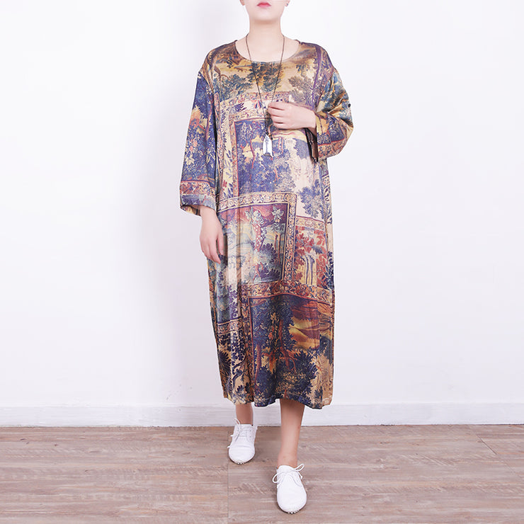 New prints Midi blended dresses plus size traveling dress New bracelet sleeved o neck natural blended dress