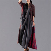 New red Plaid oversize v neck patchwork linen clothing dress women pockets asymmetrical design caftans