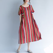 Neues rotes Maxikleid aus Baumwollleinen, trendy plus Größe, O-Ausschnitt, Reisekleidung, 2018, gestreiftes Kurzarmkleid