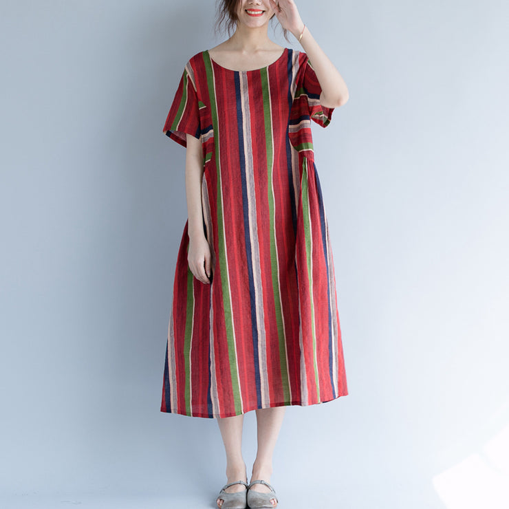 Neues rotes Maxikleid aus Baumwollleinen, trendy plus Größe, O-Ausschnitt, Reisekleidung, 2018, gestreiftes Kurzarmkleid