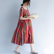 New red cotton linen maxi dress trendy plus size O neck traveling clothing 2018 striped short sleeve gown