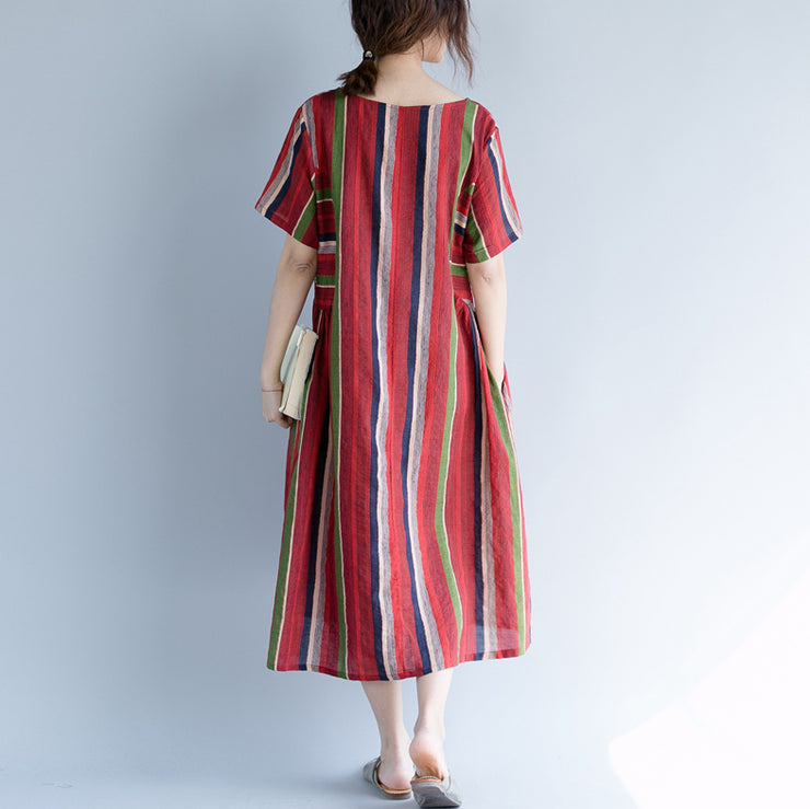 New red cotton linen maxi dress trendy plus size O neck traveling clothing 2018 striped short sleeve gown