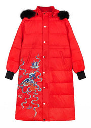 New red goose Down coat plus size embroidery down jacket hooded Elegant Jackets - bagstylebliss