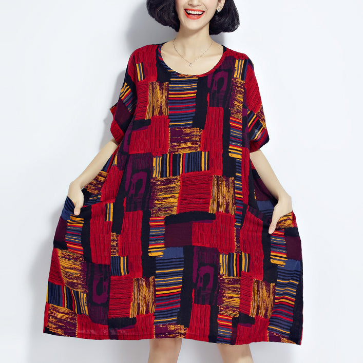 Neues rotes Baumwollkleid mit trendigen Baumwollkleidern in Übergröße Neues Kurzarm-Midikleid mit O-Ausschnitt