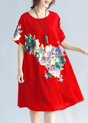 New red prints linen dress plus size traveling clothing Elegant wild short sleeve o neck cotton dresses