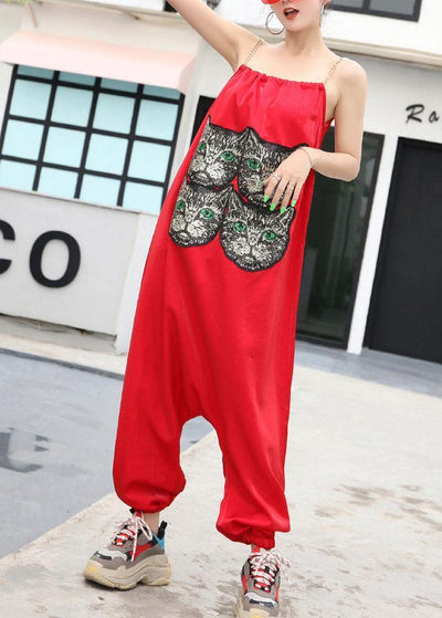 New red tide straps trousers embroidery cat head loose jumpsuit female summer strap pants - bagstylebliss