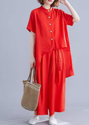 New retro silk hemp red irregular short-sleeved shirt + elastic waist strap wide-leg pants - bagstylebliss