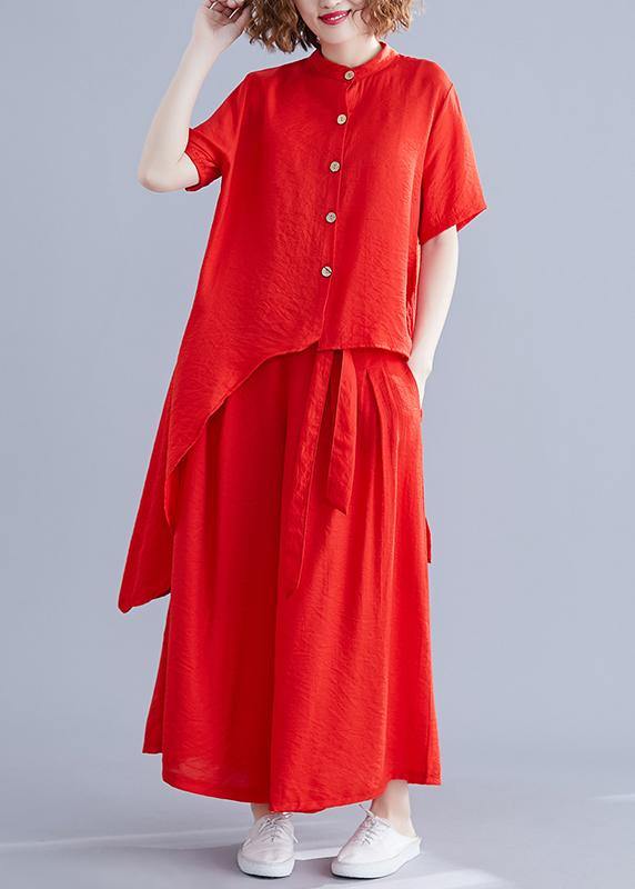 New retro silk hemp red irregular short-sleeved shirt + elastic waist strap wide-leg pants - bagstylebliss