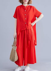 New retro silk hemp red irregular short-sleeved shirt + elastic waist strap wide-leg pants - bagstylebliss