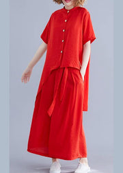 New retro silk hemp red irregular short-sleeved shirt + elastic waist strap wide-leg pants - bagstylebliss