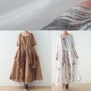New silk and linen dress female ink printing and dyeing literary loose round neck short sleeve long skirt - bagstylebliss