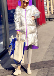 New silver patchwork purple down jacket woman Loose fitting snow jackets hooded zippered Casual Jackets - bagstylebliss