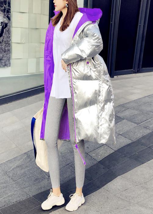 New silver patchwork purple down jacket woman Loose fitting snow jackets hooded zippered Casual Jackets - bagstylebliss