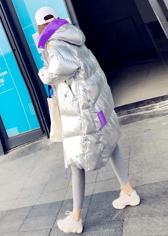 New silver patchwork purple down jacket woman Loose fitting snow jackets hooded zippered Casual Jackets - bagstylebliss