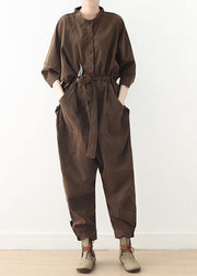 New style literary retro women's loose lace-up one-piece brown overalls - bagstylebliss