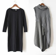 New style loose literary thick knitted stitching woolen gray dress outer two-piece suit - bagstylebliss
