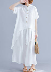 New suit retro silk hemp white irregular short-sleeved shirt + elastic waist strap wide-leg pants - bagstylebliss