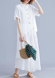 New suit retro silk hemp white irregular short-sleeved shirt + elastic waist strap wide-leg pants - bagstylebliss