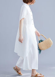 New suit retro silk hemp white irregular short-sleeved shirt + elastic waist strap wide-leg pants - bagstylebliss