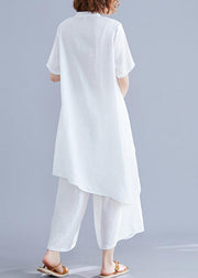 New suit retro silk hemp white irregular short-sleeved shirt + elastic waist strap wide-leg pants - bagstylebliss