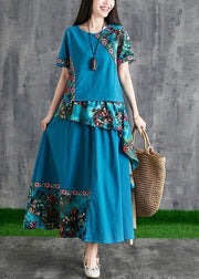 New summer cotton and linen contrast color mosaic blue print small fresh ethnic wind  two-piece - bagstylebliss