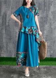 New summer cotton and linen contrast color mosaic blue print small fresh ethnic wind  two-piece - bagstylebliss