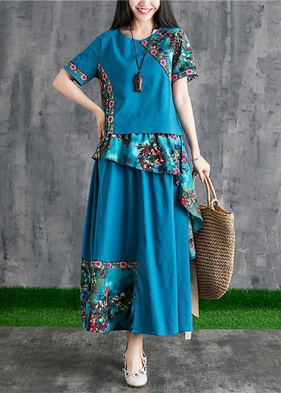 New summer cotton and linen contrast color mosaic blue print small fresh ethnic wind  two-piece - bagstylebliss