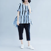 New summer cotton blended t shirt plus size Short Sleeve Summer  Stripe High-low Hem Blue Tops