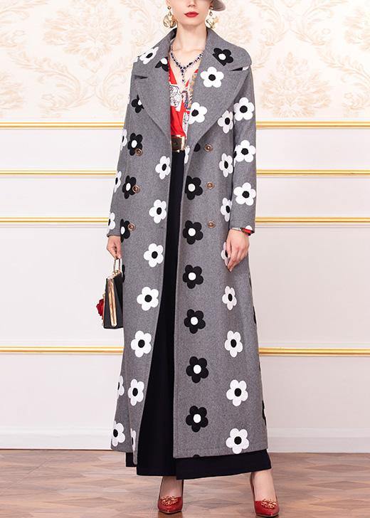 New trendy plus size long coats back open  jacket gray floral double breast Woolen Coats Women - bagstylebliss