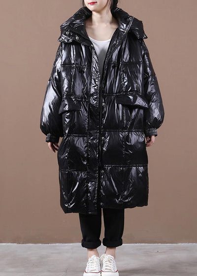 New trendy plus size womens parka coats black hooded pockets zippered down coats - bagstylebliss