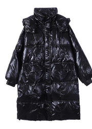 New trendy plus size womens parka coats black hooded pockets zippered down coats - bagstylebliss