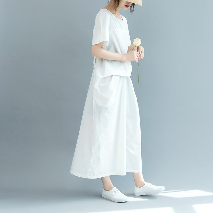 New white cotton maxi dress Loose fitting o neck Cinched traveling clothing 2018 short sleeve baggy dresses