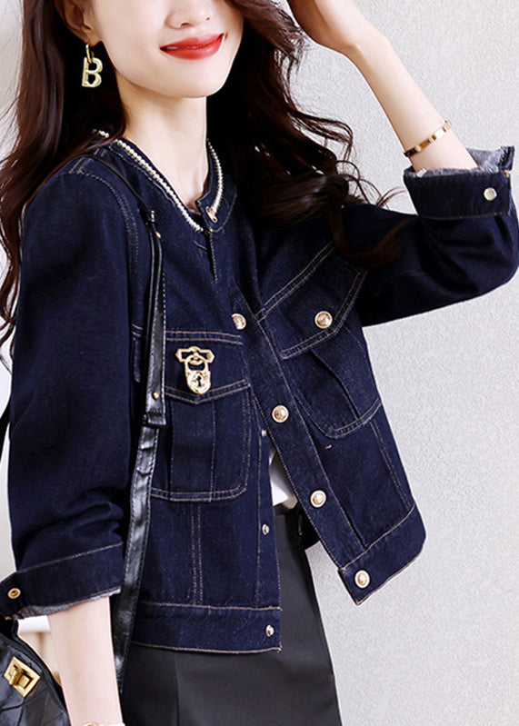 Novelty Dark Blue Patchwork Button Denim Coats Fall