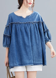 Novelty Denim Blue O-Neck Ruffled Patchwork Silk Cotton Top Half Sleeve