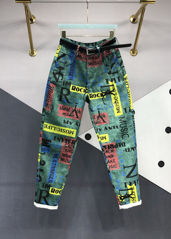 Novelty Green Graphic Pockets Patchwork Denim Pants Fall