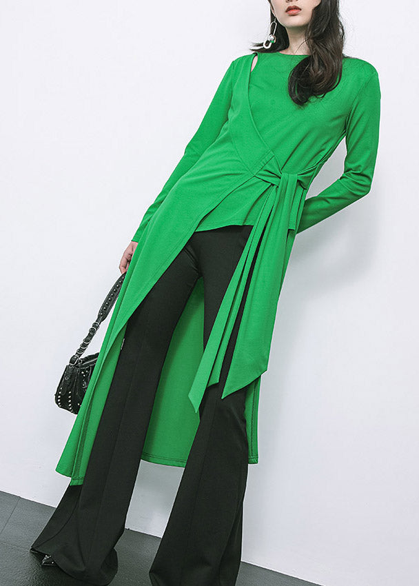 Novelty Green O-Neck Asymmetrical Patchwork Tie Waist Long Top Long Sleeve