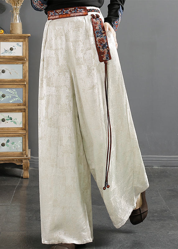 Novelty Grey Embroidered Patchwork Pockets Tassel High Waist Silk Wide Leg Pants Fall