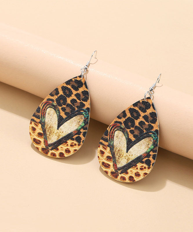 Novelty Leopard Love Print Droplet Shape Leather Material Earrings Ornaments