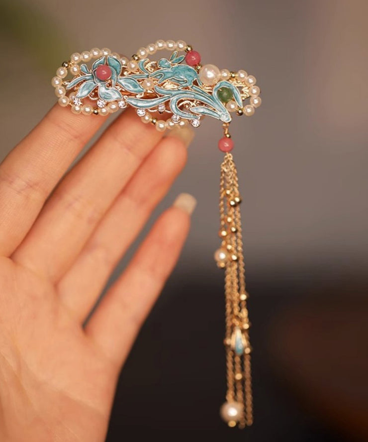 Novelty Rainbow Alloy Pearl Cloisonne Tassel Hairpin