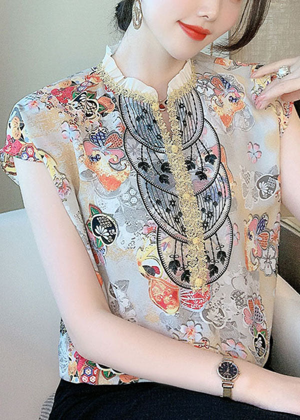 Novelty White Stand Collar Ruffled Print Chiffon Blouse Tops Short Sleeve