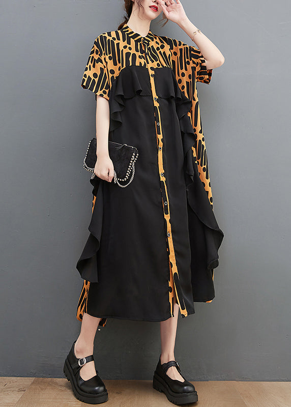 Novelty Yellow Stand Collar Ruffles print Chiffon Patchwork Shirt Dress Short Sleeve