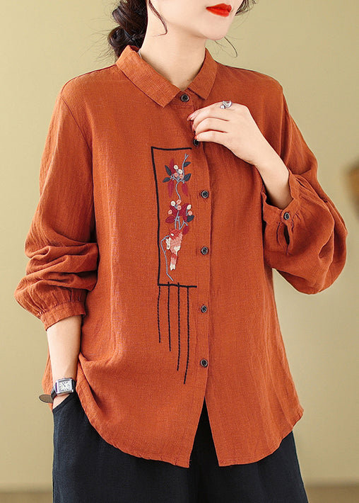 Orange Button Cotton Shirt Top Peter Pan Collar Fall