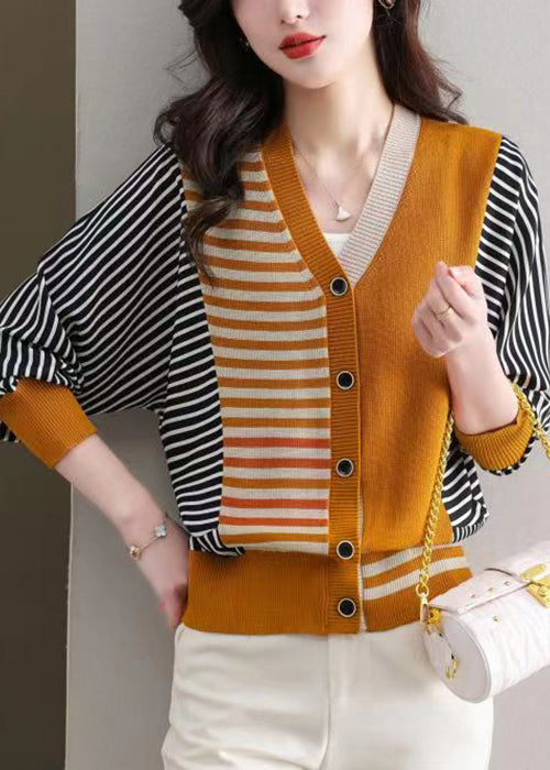 Orange Button Cozy Knit Cardigan V Neck Long Sleeve