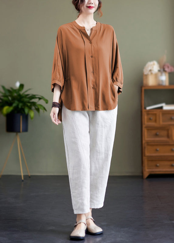 Orange Cotton Shirts Cinched Low High Design Batwing Sleeve